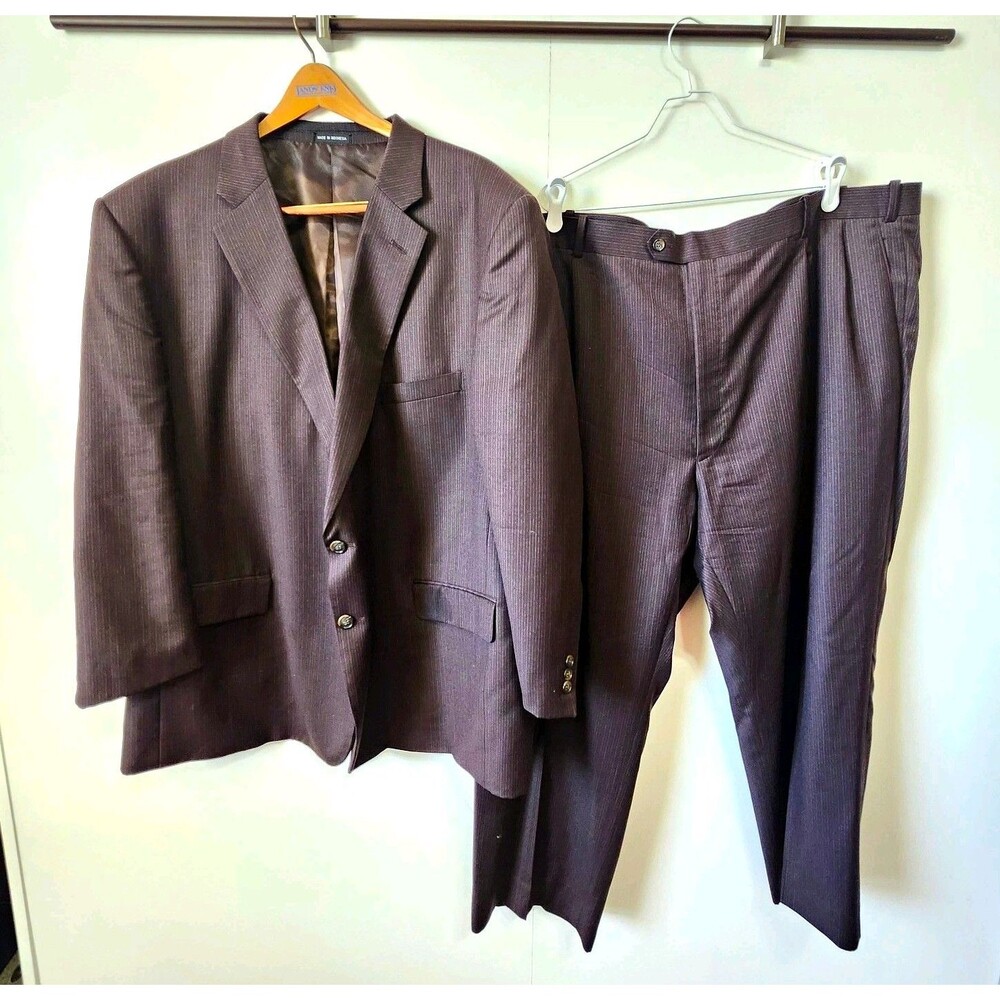 Adolfo Men's 2-Piece Suit 52R Brown Pinstripe Wool Classic Corporate Formal